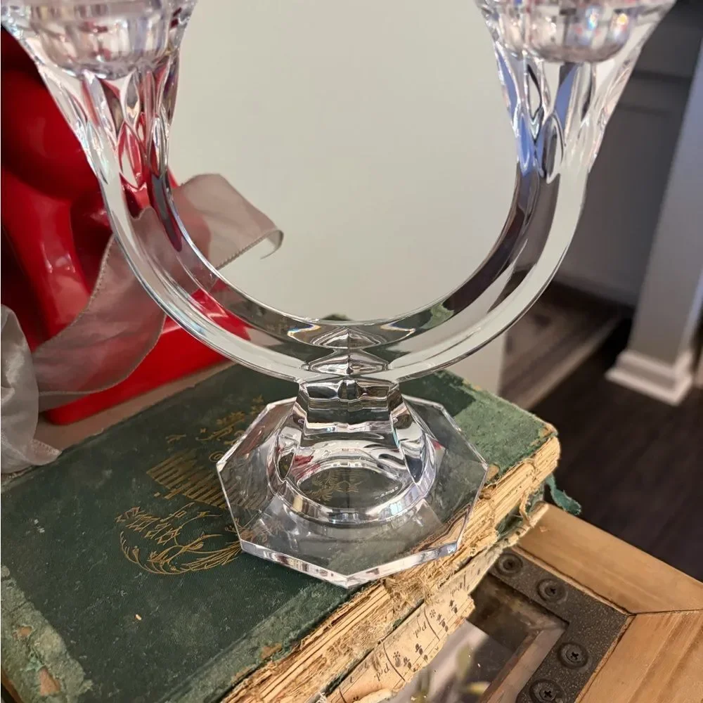Vintage double arm glass Elegant Crystal Candle Holder with Blue Candles